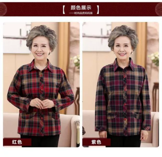 Áo sơ mi nữ dài tay mùa xuân và mùa thu của bà ngoại với phân bón áo sơ mi kẻ sọc bằng vải cotton lỏng lẻo XL