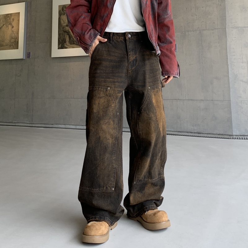 Muge Autumn and Winter American Style Trendy Brand Brown Graffiti Jeans for Men, Heavy-Duty Vintage Irregular Loose Straight Pants