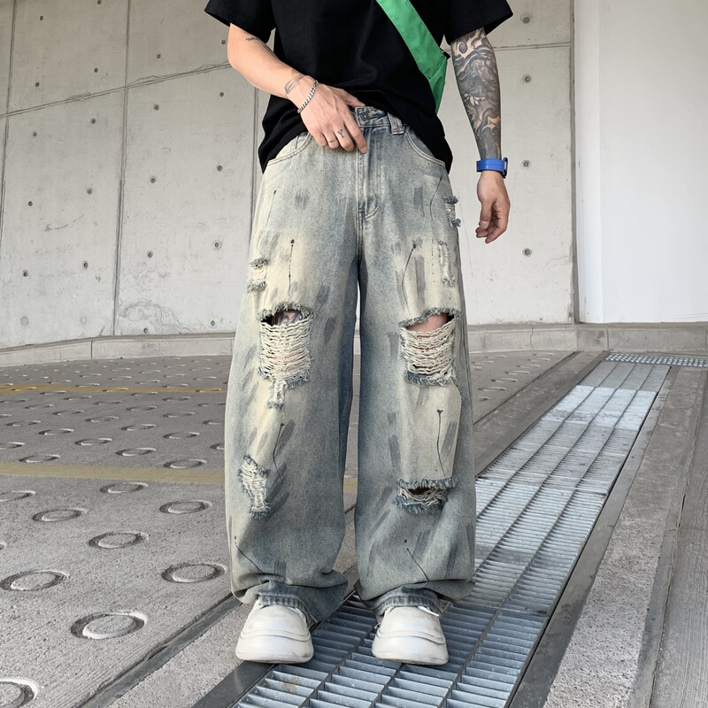 Muge American Style Distressed Ripped Painted Jeans Men's Trendy Brand Loose Straight Nostalgic Blue Washed Jeans