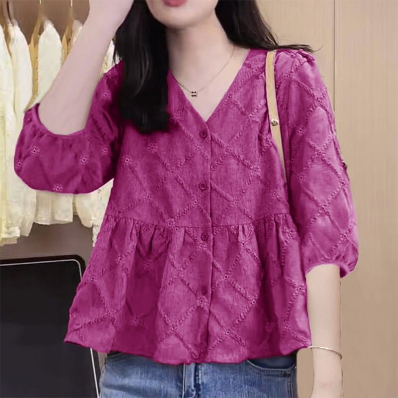 2024 Spring/Summer New High-End Three-Dimensional Hollow-Out Style Seven-Quarter Sleeve Doll Collar Thin Top, This Year's Trendy Plus Size Slimming Top