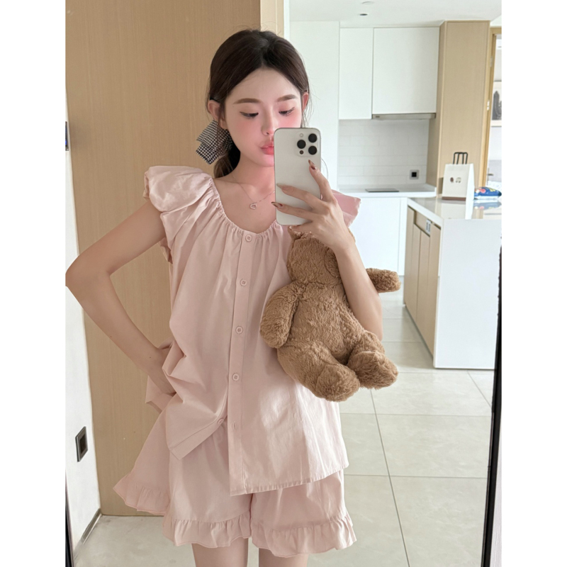 Korean Style Girly Pink Pajamas for Women, Summer Cotton Sleeveless Shorts, Sweet and Cute Puff Sleeve Loungewear Set