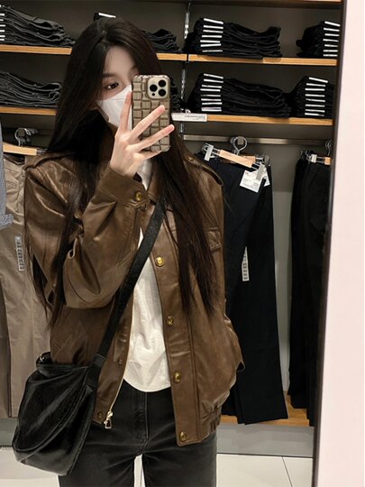 2025 Autumn New Coffee-Colored Pu Leather Jacket for Women, Vintage Casual Short Design Biker Leather Jacket