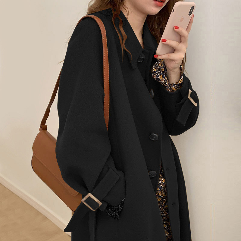 Black woolen coat women's mid-length 2021 winter new Hepburn style thickened long over-the-knee woolen coat