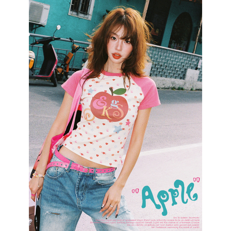 Young Stage Sweet and Cool Style Apple Print Pink Short-Sleeved T-Shirt for Women Summer Hot Girl Raglan Sleeve Short Top