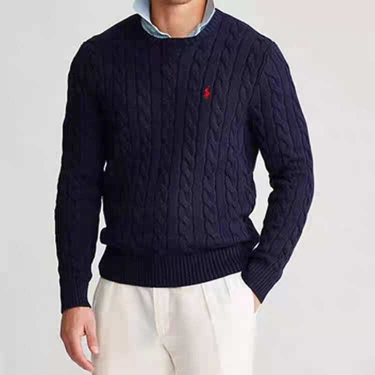 Autumn and Winter Men's Round-Neck Polo Wool Sweater, Loose Pullover Wool Blend Knitwear, Casual Sweater