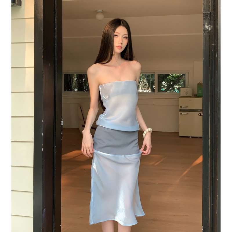 Ocean Blue Water Wave Special Flowy Fabric Built-In Tube Top Hip-Hugging Long Skirt Slightly Sheer Patchwork Satin Dress