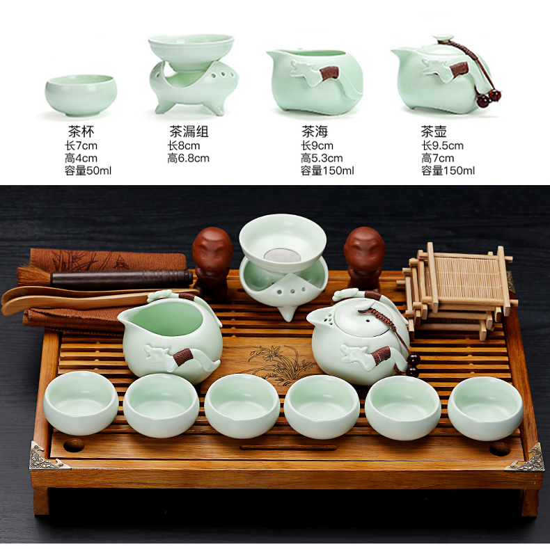 & old crack kung fu tea set, ceramic and exquisite ice solid wood drainage tea tray was small tea table office home outfit