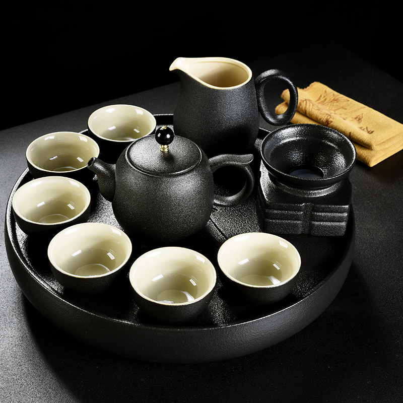 Old &, coarse pottery kung fu tea set of black suit household contracted real MuZhu tea tray lid restoring ancient ways bowl of tea cups