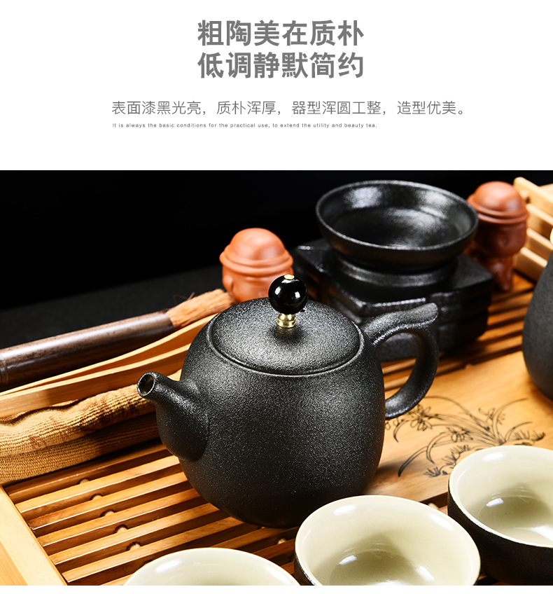 Old &, coarse pottery kung fu tea set of black suit household contracted real MuZhu tea tray lid restoring ancient ways bowl of tea cups