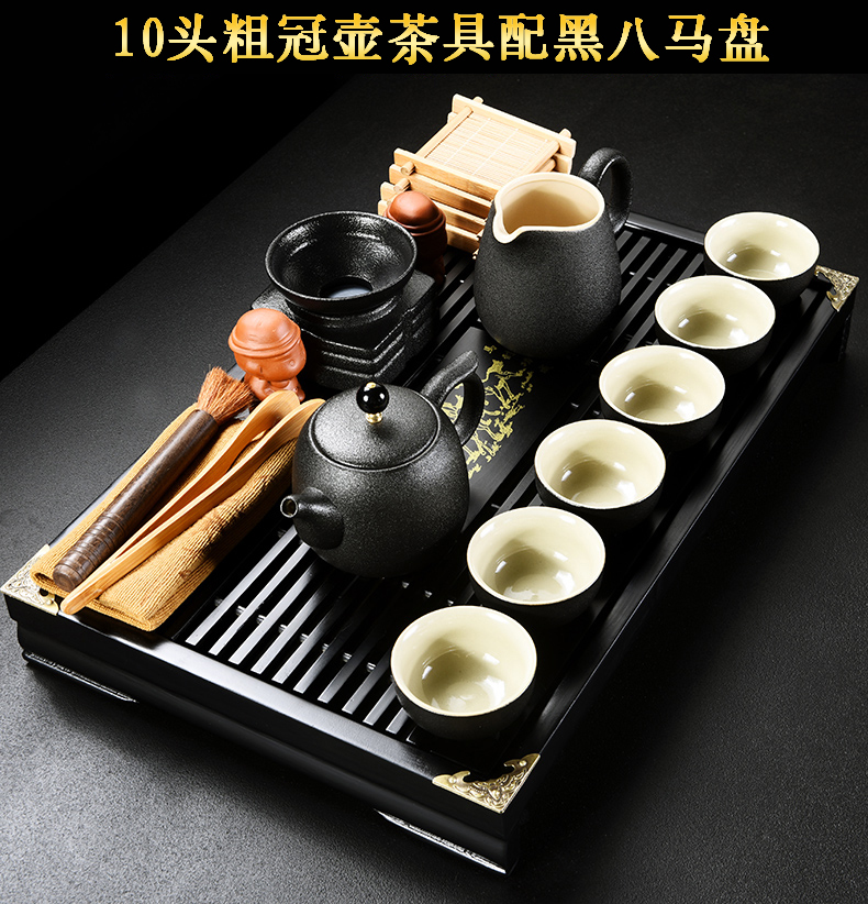 Old &, coarse pottery kung fu tea set of black suit household contracted real MuZhu tea tray lid restoring ancient ways bowl of tea cups