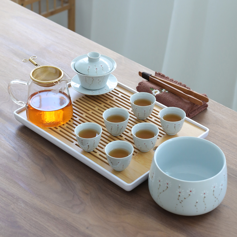 Old teacups hand - made ceramic up celadon lid bowl at the grid kung fu tea set suit household Japanese tea tray