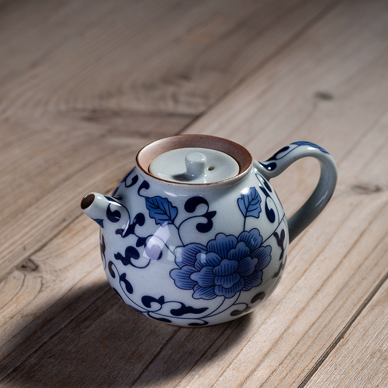 Old Wangge Retro Blue and White Sứ Ấm trà Ấm đun nước gia đình Nhật Bản Bộ ấm trà Kung Fu Bộ nồi gốm đơn - Trà sứ