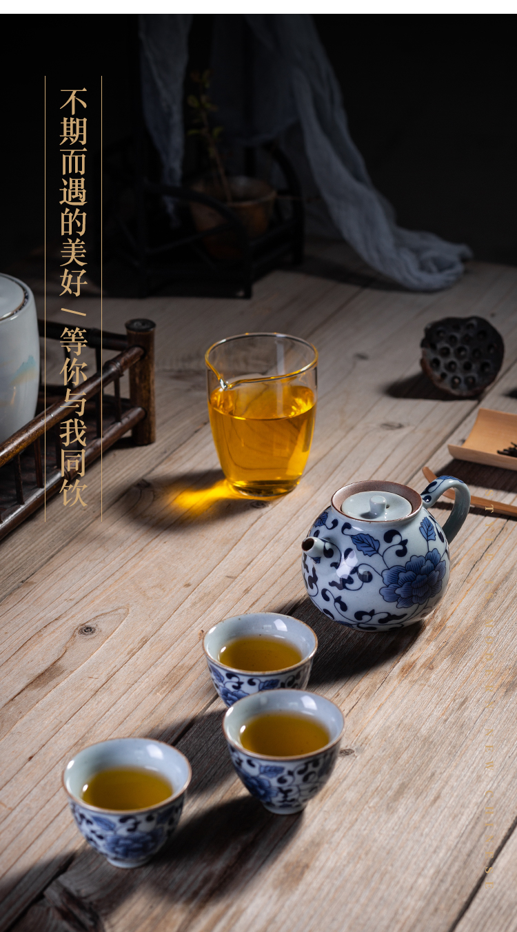 Old at restoring ancient ways, blue and white coarse pottery travel a pot of three cups of tea sets and work kung fu tea Mid - Autumn festival gift