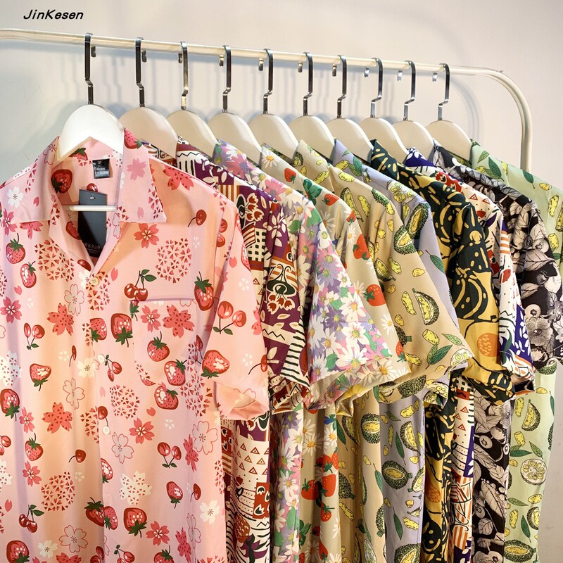 Hong Kong Style Retro Hawaiian Durian Fruit All-Over Print Short-Sleeved Vintage Floral Shirt for Men and Women Thai-Style Yuppie Shirt