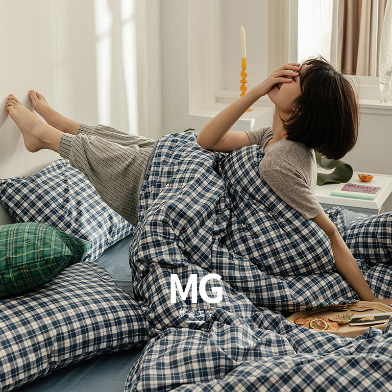 Retro style grid of four pieces of full cotton pure cotton male bed Ogasawara by single student Dormitory bed linen double bed with three sets