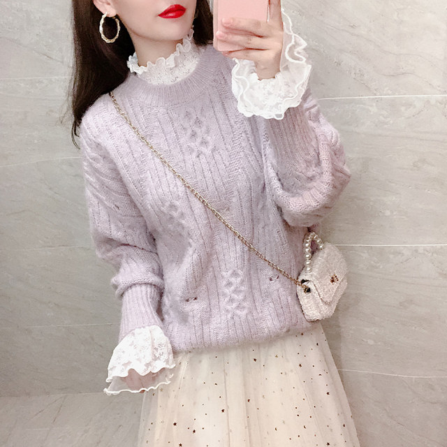 Fungus high-neck lace bottoming shirt women's autumn and winter western style long-sleeved sweater with lotus leaf horn spring and autumn net yarn top