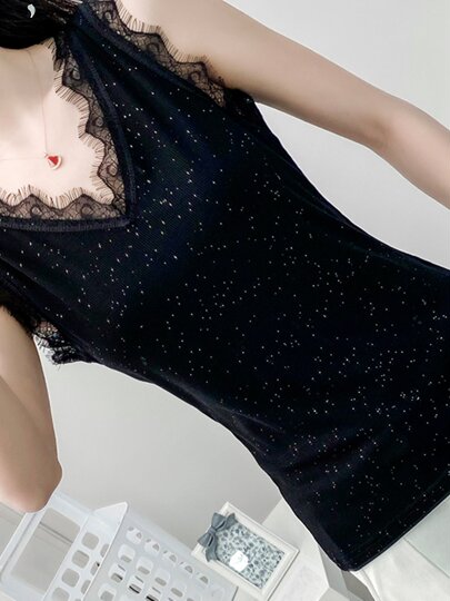 Sexy lace V-neck camisole women's 2025 spring and summer new sequined slim-fitting bottoming shirt sleeveless top