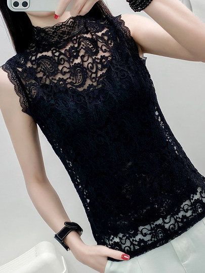 Sexy lace camisole women's 2025 spring and summer new style inner half turtleneck bottoming shirt pattern hollow top trendy