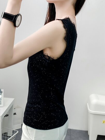 Sexy lace V-neck camisole women's 2025 spring and summer new sequined slim-fitting bottoming shirt sleeveless top