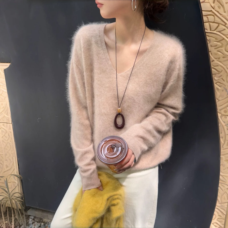 New Autumn and Winter High-End Brushed Wool Sweater Upgraded with Mulberry Silk Cashmere Wool, V-Neck Brushed Cashmere Sweater