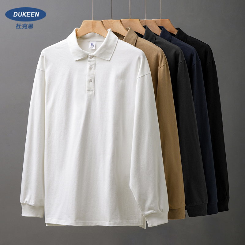 320g Heavyweight Pure Cotton Polo Shirt for Men, Long-Sleeved, New Spring and Autumn Style, Solid Color Base Shirt, Casual Loose Fit, Turn-Down Collar Sweatshirt