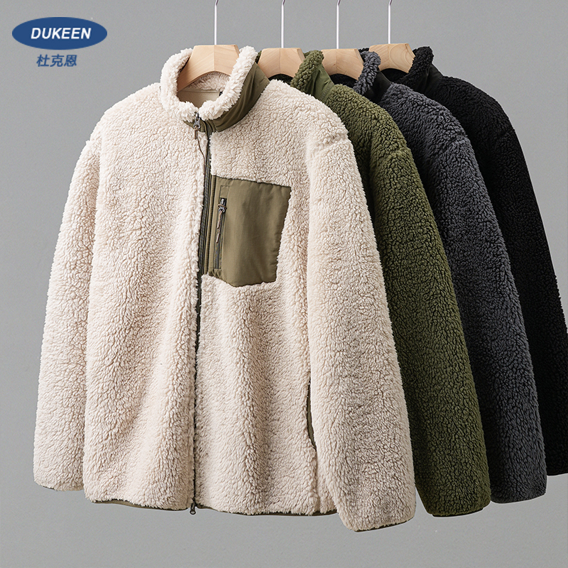 Dukeen Lamb Wool Jacket for Men, Autumn and Winter Retro Fleece Jacket with Stand Collar, Thickened with Fleece Lining, Sweatshirt with Inner Cotton Padding