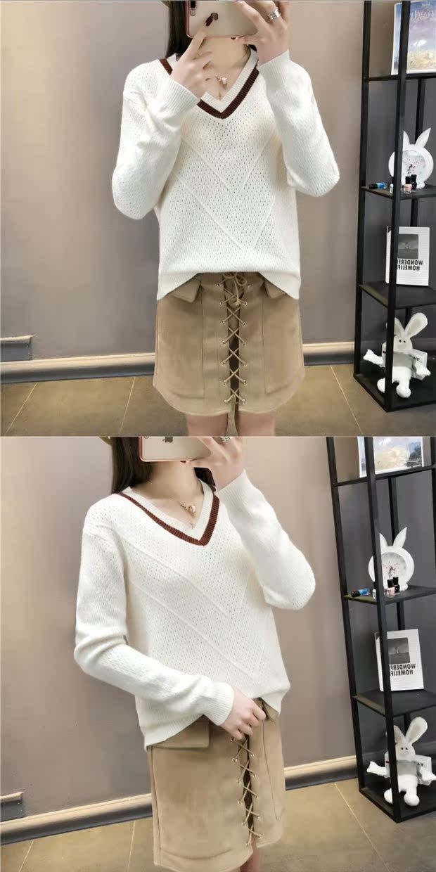 Đầu xuân 2018 phiên bản Hàn Quốc mới của áo len cổ chữ V nữ rộng ngắn mùa thu hoang dã đan áo mỏng phần đáy áo ghi lê len cho nữ