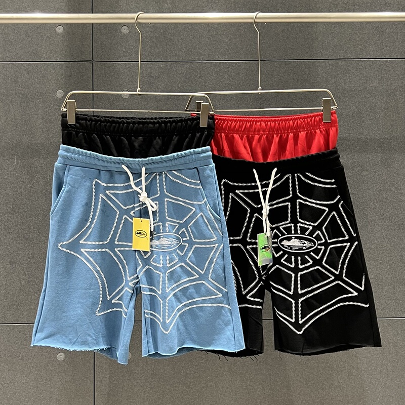 Corteiz Trendy High Street Summer Casual Spider Web Embroidery Patchwork Faux Two-Piece Loose Terry Drawstring Shorts