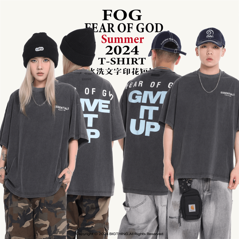 ФОЕR of God Essentials High Street Retro Alphabet Print Wash made old loose short-sleeved T-shirt tide