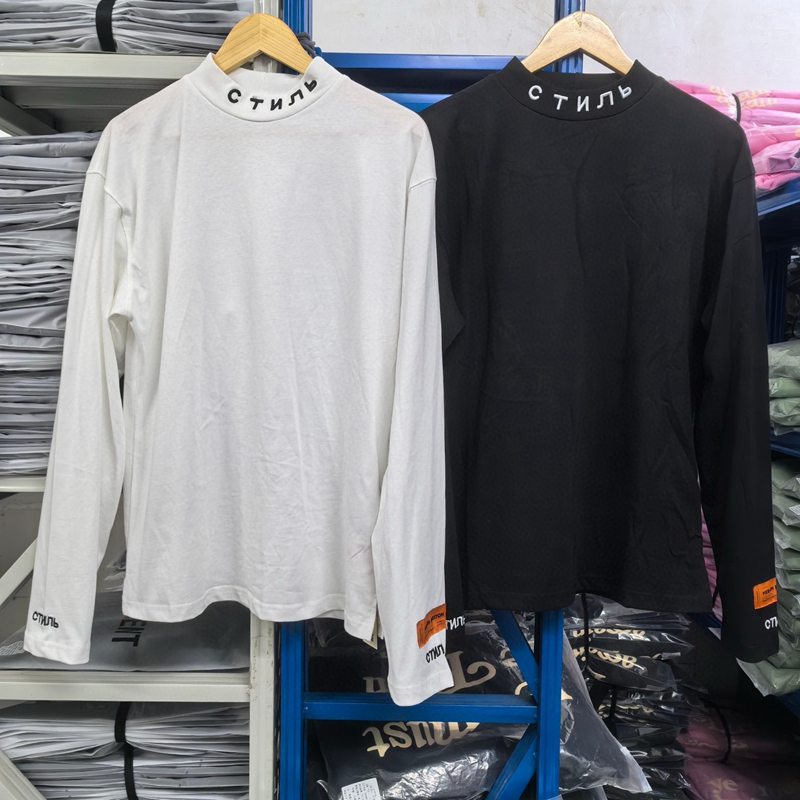 Heron Preston Hp Crane Long Sleeve T-Shirt with Small High Collar Embroidery Heavyweight Pure Cotton Crew Neck Base Shirt Trendy Fog