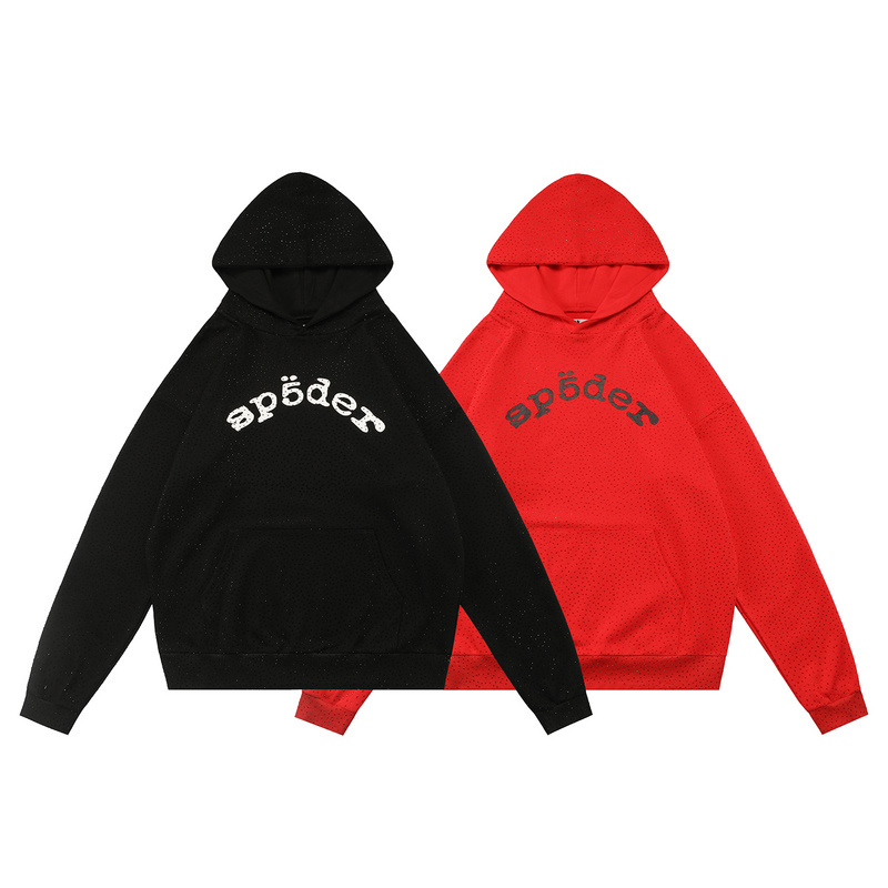 Sp5Der American High Street Hip-Hop Trendy Brand Spring and Autumn Sports Casual Full-Body Rhinestone Loose Terry Hooded Sweatshirt