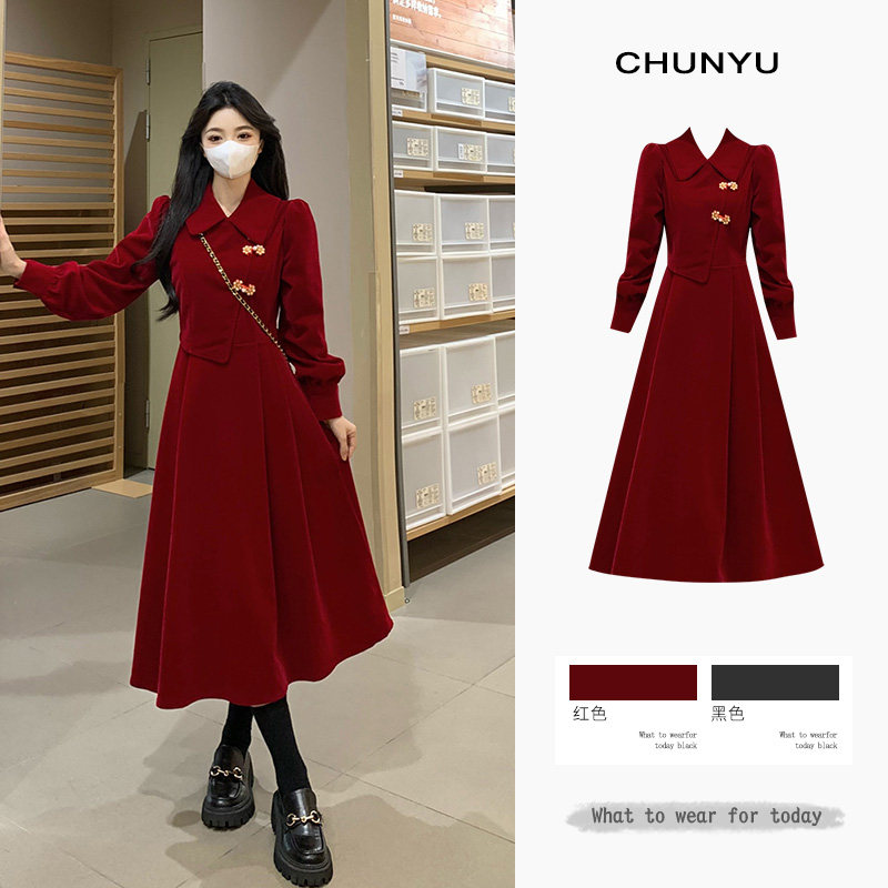 Big code New Chinese style disc buckle one-piece dress lady autumn winter new red back door engagement wearing a bride velvety toast-Taobao