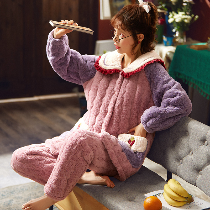 Pajamas women autumn and winter coral velvet padded plus velvet three-layer cotton can wear flannel household clothing two-piece suit