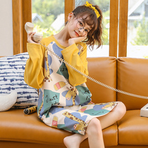 Long sleeve nightgown women spring and autumn cotton 2021 new autumn and winter long models can be worn outside size pregnant womens long skirt pajamas