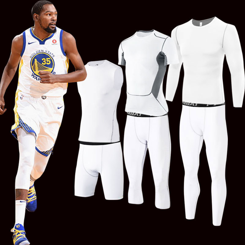 White Compression Shirt Men's Basketball Training Vest Sweat-Wicking Quick-Drying Short-Sleeve Fitness Wear Elastic Running Base Layer Set