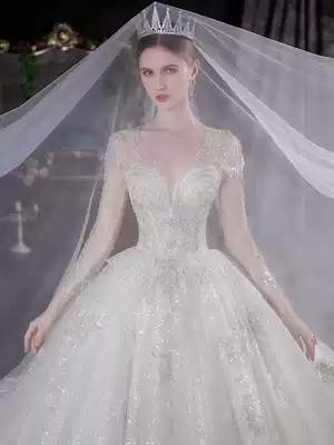 Long sleeve main wedding dress 2021 New temperament bride summer senior sense court style French slim big tail