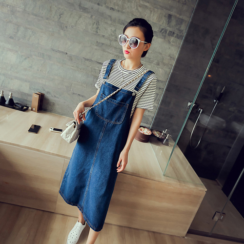 728 Spring New Korean Version of Women's Loose and Slim Denim Belt Skirt Academy Style Dress Dress