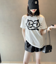 White nail bead cats eye T-shirt super white custom cotton super soft back letter loose round neck long tee