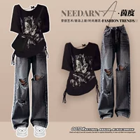 Черный топ + черно-серые рваные брюки