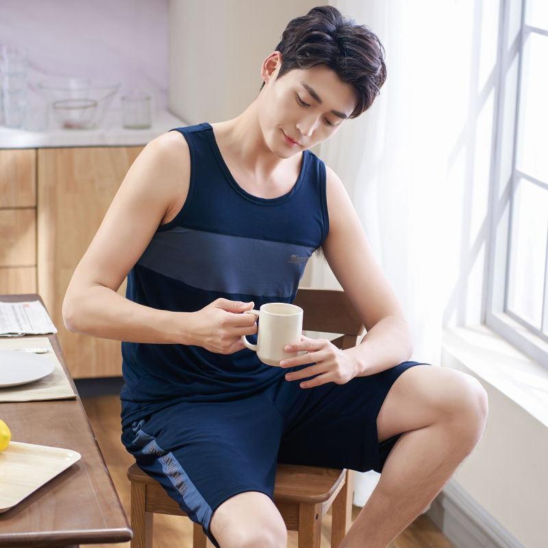 Bộ đồ ngủ Mens Summer Thin Mordale không tay Vest Quần soóc Ice La hét Mens Summer Home Suit.