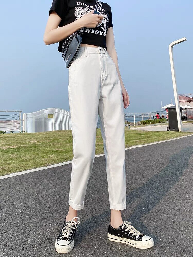South Korea's white Harlen jeans female summer 2021 new high waist loose and thin straight tube nine - point daddy pants