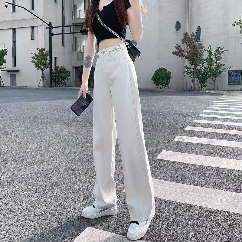 South Korea High Waist Wide Leg Jeans Women White 2022 Summer New Straight Barrel Loose Feeling Tug Long Pants