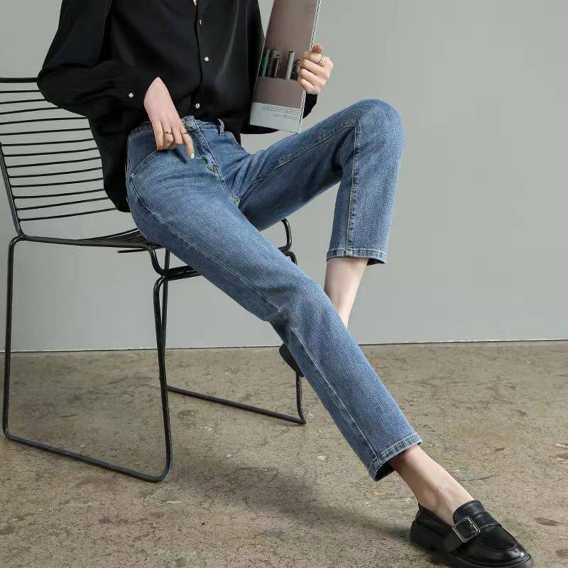 Korean light blue straight jeans women's 2021 summer thin section high waist loose thin all-match cigarette tube nine-point pants