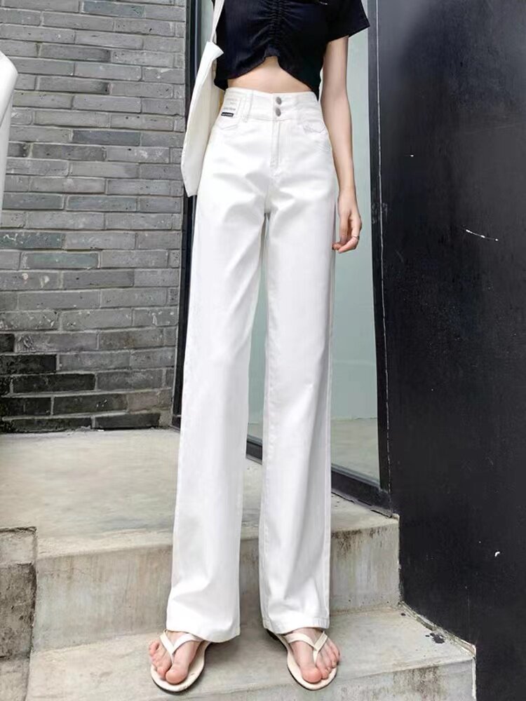 South Korea's white high - legged straight - legged jeans in spring and summer 2022 new loose and thin - tight pants