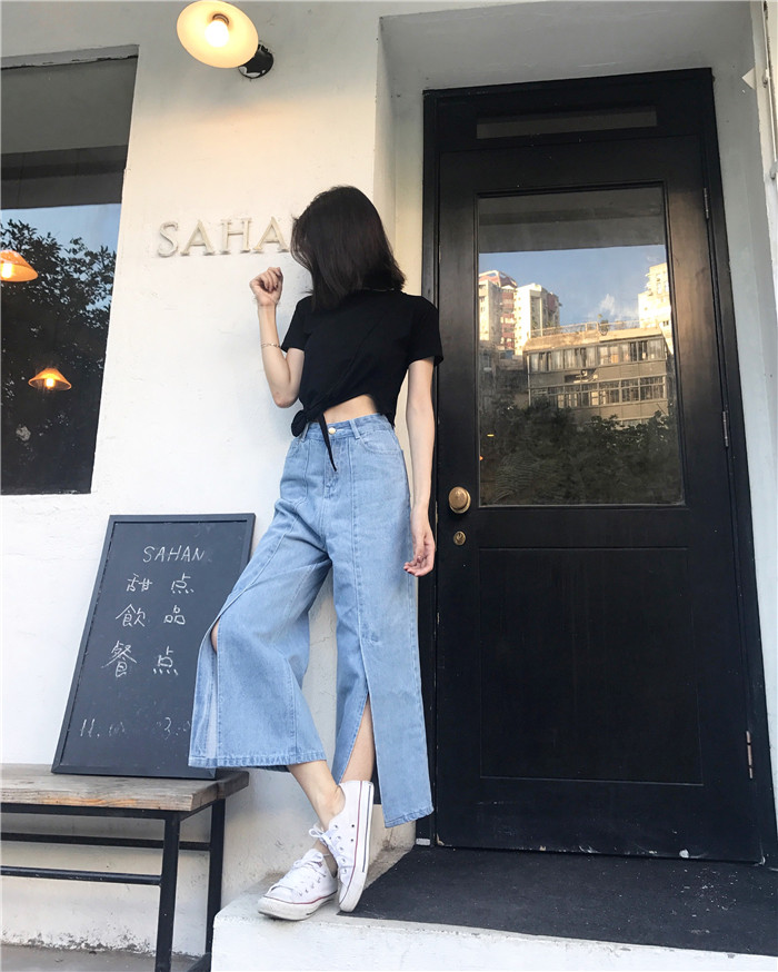 VK旗艦店 韓系開叉牛仔褲學生寬松九分寬口單品長褲