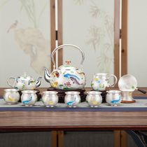 Cloisonne Lotus Goldfish Silver Pot Sterling Silver 999 Kettle Yunnan A Handmade Silver Teapot Tea Set