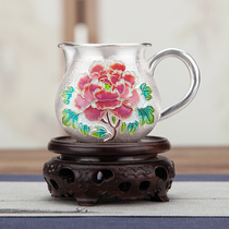 Cloisonne 999 sterling silver fair cup pure handmade Kung Fu tea set peony enamel purple peony silver tea divider tea