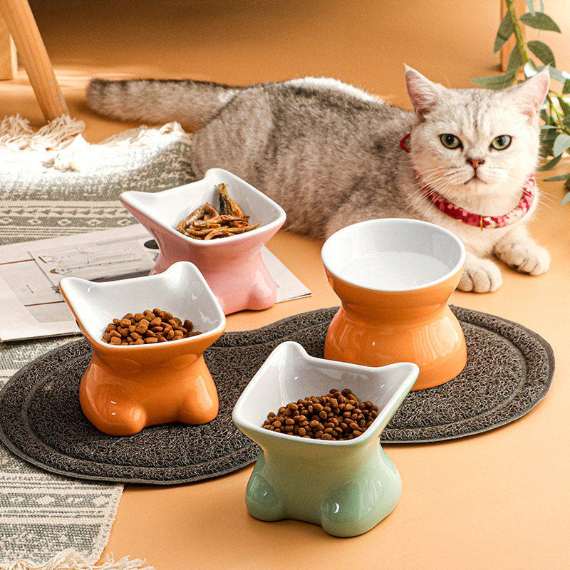 Cat bowl food bowl cat bowl oblique mouth ceramic Garfield cute cat high foot bowl protection cervical spine puppy pet supplies
