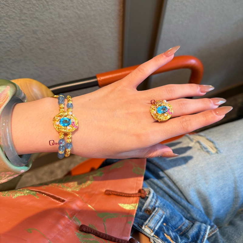 Jingxin Pavilion Jewelry【Like a Fish in Water】Original Design Traditional Gold Aquamarine Diamond-Studded Gold Bracelet Set