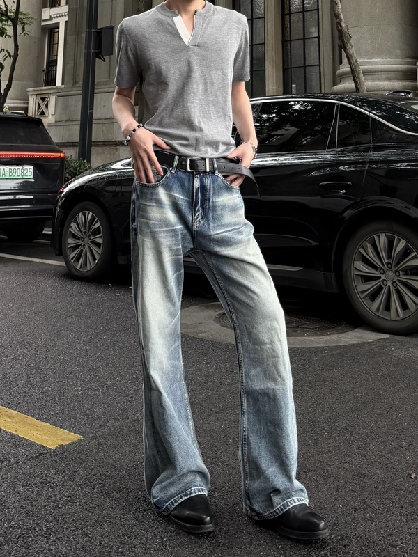Aerospace White/American High Street Whiskered Wash Straight-Leg Flared Jeans for Men, Loose Fit, Slimming, Floor-Length Pants Aerospace White/American High Street Whiskered Wash Straight-Leg Flared Jeans for Men, Loose Fit, Slimming, Floor-Length Pants